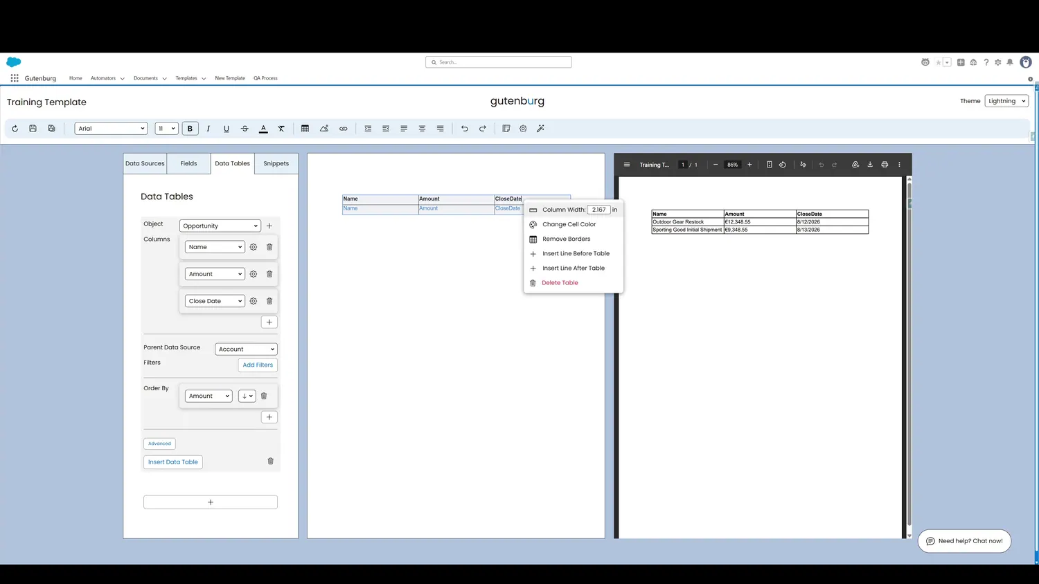 Additional customizations can be made to a Data Table by right-clicking it in the canvas.