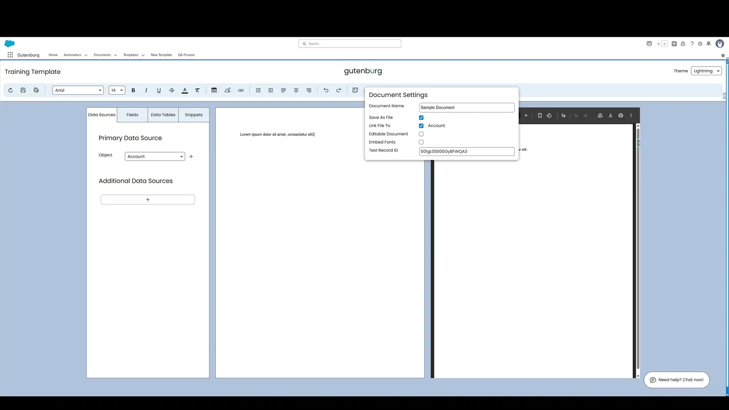 Click here to change settings about how the document saves and which test record to use.