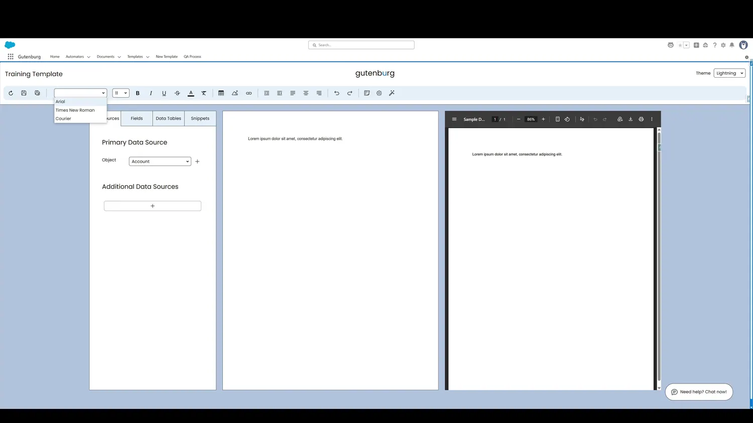 A few default fonts are listed, but the list can be extended with standard or custom fonts if desired.