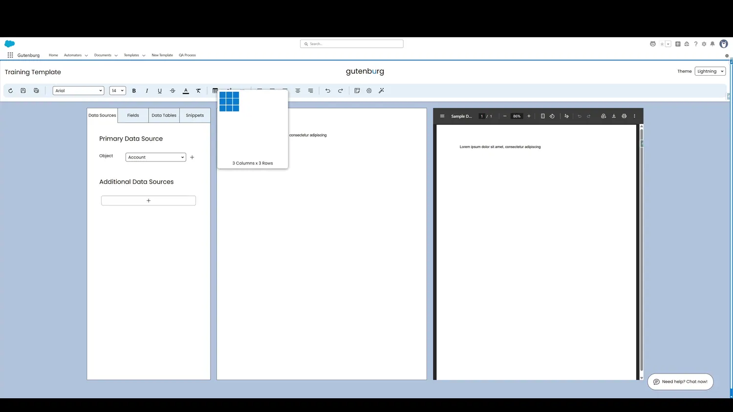 Drag your cursor to select the desired table dimensions. This example features a 3 column, 3 row table.