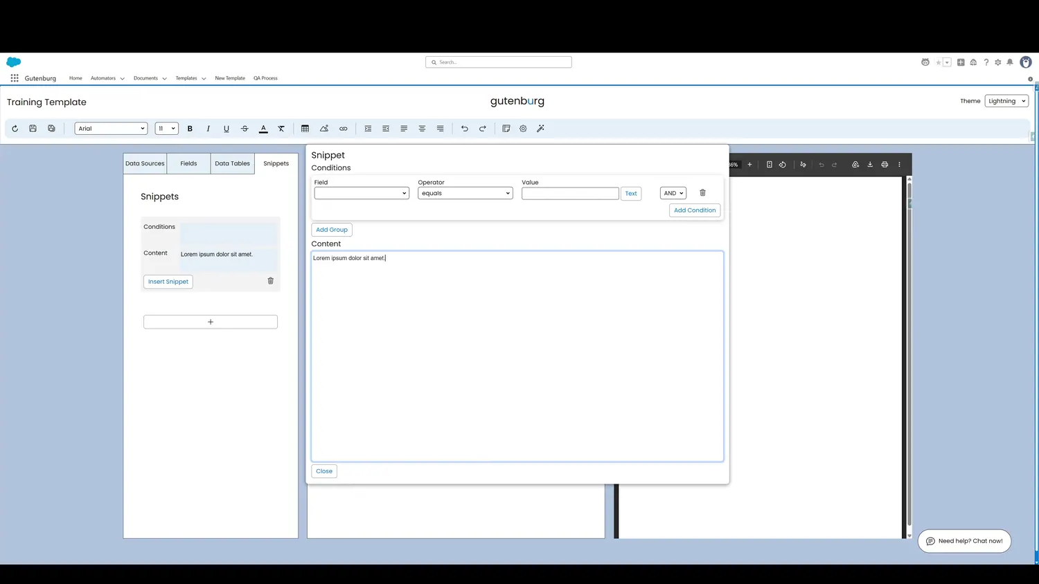 Now, the content is added. In this case, the Snippet represents a short sentence. But it could also include images, data fields, and more if needed.