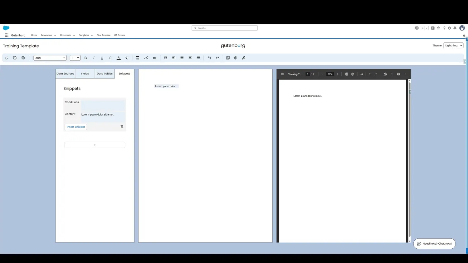 The Snippet is now inserted into the template canvas. The content gets truncated to make the template easier to read.